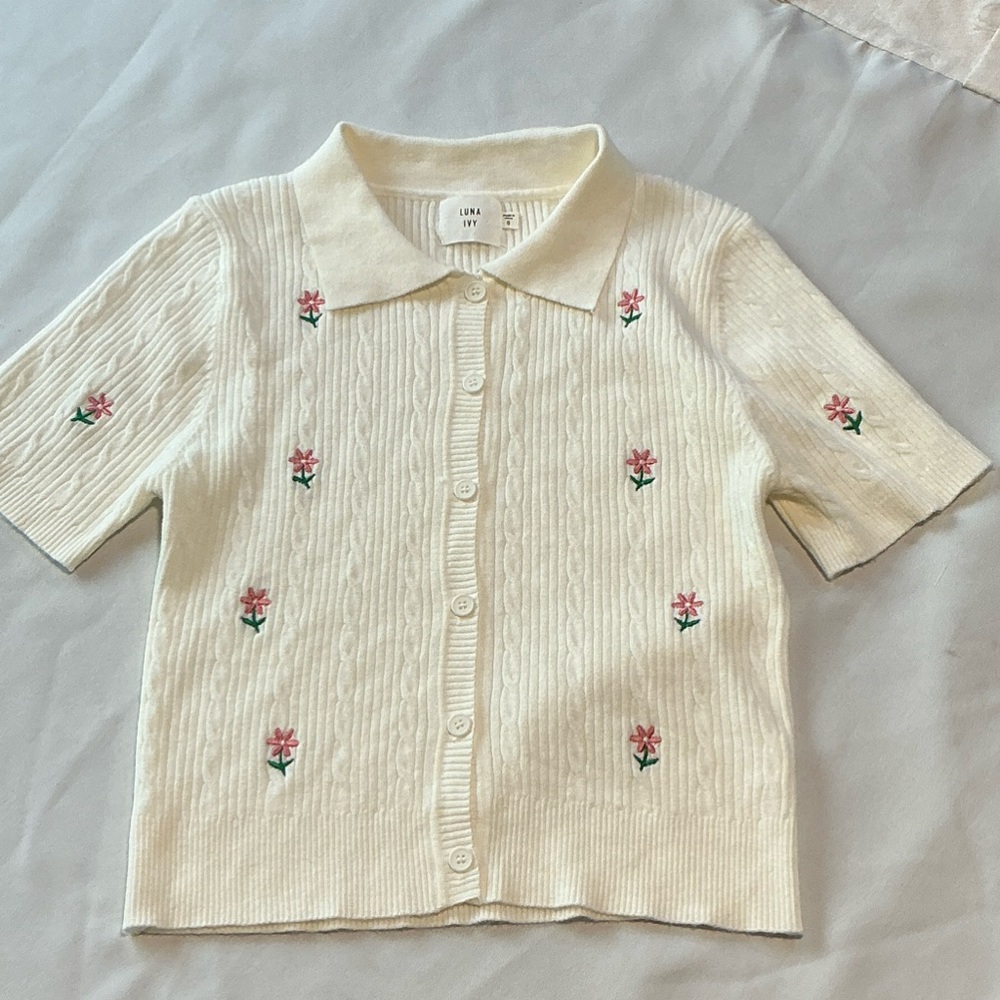 Luna Ivy Button Down Shirt with Pink Floral Accents